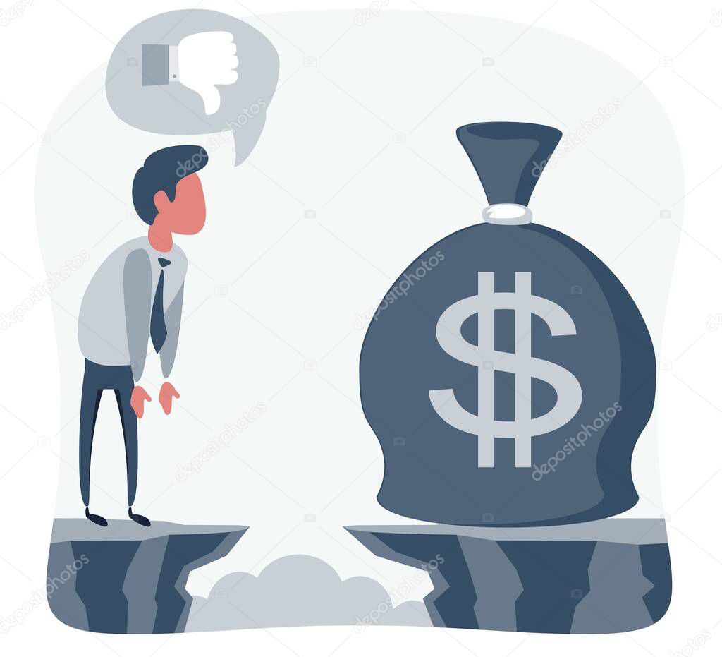 Businessman in front of a gap and looking for the money bag. Goal achievement concept. Vector illustration.