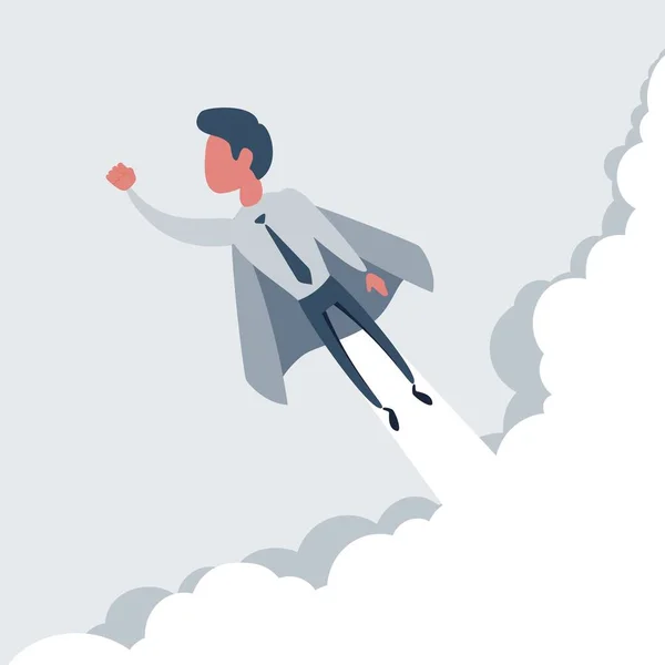 Zakenman superheld vliegt omhoog en laat een wolk stof achter. Superarbeider in de mantel vertrekt. Bedrijfsconcept van macht en uniciteit. — Stockvector