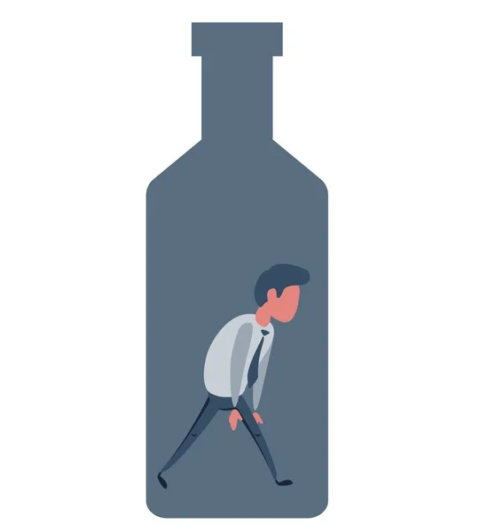 Alkohol a závislost, Mladý muž postava uvězněná v láhvi, zdravotní problémy — Stockový vektor