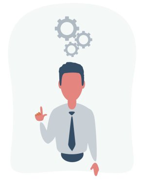 İnsan kafası yeni bir fikir yaratıyor. İnsan ve dişli çarklar tepemizde. Fikir Jenerasyonu. İş Fikri Oluşturuluyor.