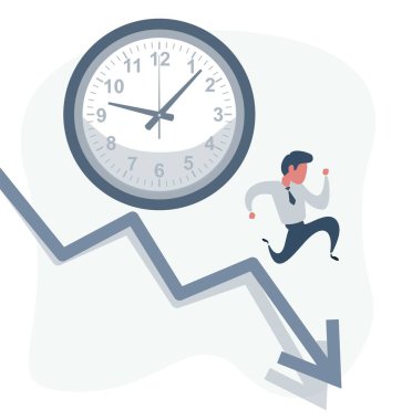 Son teslim tarihini kaçırma kavramı, kötü zaman yönetimi. İş yerinde yorgun, gergin ve stresli bir erkek var. Üzgün işadamı büyük bir saatten kaçıyor. Büyük hata..
