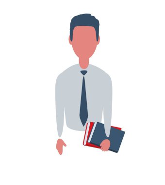 İş adamı ya da kâtip. Nesnelerle basit moda erkek karakter, düz vektör illüstrasyonu. İş konsepti. Arkaplanda izole.