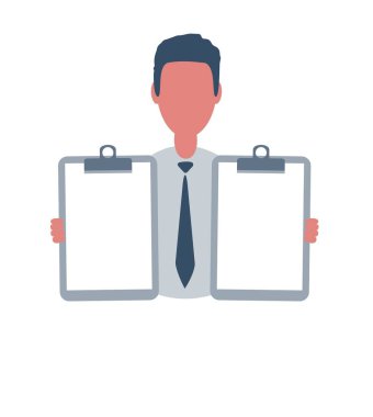 İş adamı ya da tezgahtar boş çarşaf tutar. Nesnelerle basit moda erkek karakter, düz vektör illüstrasyonu. Beyaz arkaplanda izole.