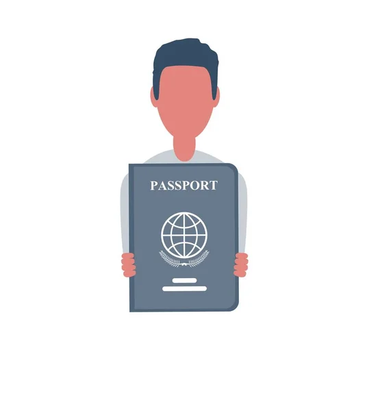 Businessman or clerk holds a passport. Male character in trendy simple style with objects, flat vector illustration. Business concept. — Stock Vector