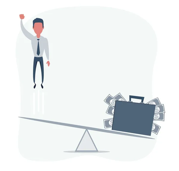 Business startup concept. Vector illustration with a businessman flying up and a briefcase full of money. — Stock Vector