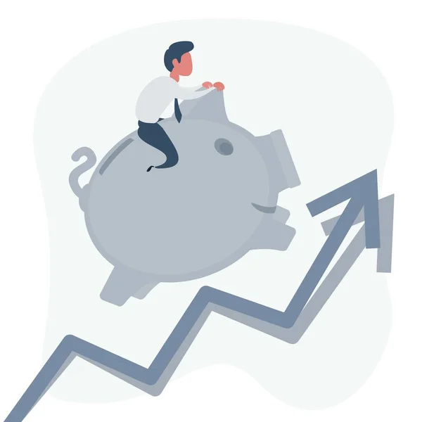 Illustration of businessman riding his piggy bank running upward on arrow graph — Stock Vector