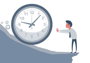 Panik teslim tarihleri. Son teslim tarihini kaçırma kavramı, kötü zaman yönetimi. İş yerinde yorgun, gergin ve stresli bir erkek var. Üzgün işadamı uçurumun kenarında duruyor..