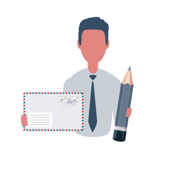 Elinde bir zarf ve kalem tutan bir işadamı ya da tezgahtar. Basit bir erkek karakter, düz vektör çizimi. İş konsepti. Beyaz arkaplanda izole.