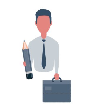 Elinde bir bavul ve kalem tutan bir işadamı ya da tezgahtar. Basit bir erkek karakter, düz bir illüstrasyon. İş konsepti.