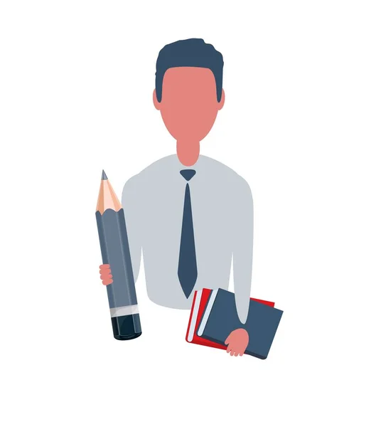 ビジネスマンや事務員が教科書や鉛筆を持っている。シンプルなスタイルで男性の文字、フラットイラスト。事業概念. — ストックベクタ