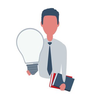 İş adamı ya da tezgahtar elinde bir ampul ve bir kitap tutuyor. Nesnelerle basit tarzda erkek karakter, düz vektör illüstrasyonu. İş konsepti. Beyaz arkaplanda izole.