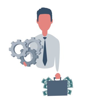 İş adamı ya da tezgahtar içinde para ve vites olan bir bavul tutuyor. Basit bir erkek karakter, düz vektör çizimi. İş konsepti. Arkaplanda izole.