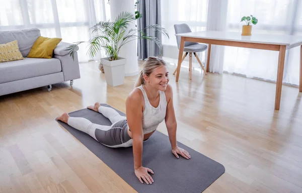  Güzel, aktif, genç bir kadın evde egzersiz yapıyor. Yukarı doğru köpek pozu vermek için yoga yapıyorum. Sağlıklı yaşam tarzı ve spor konsepti. Bir dizi egzersiz pozu.