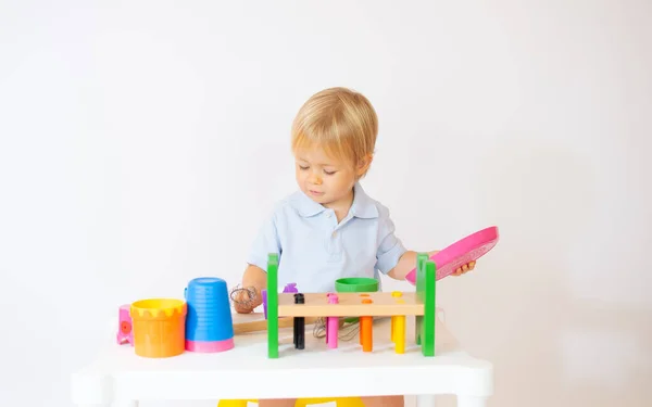 Beautiful Blond Baby Sitting Playing His Toys — Stock Photo, Image