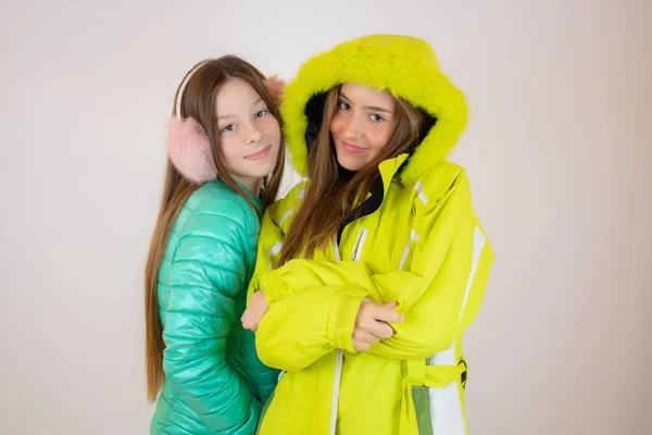 Two Smiling Friends Winter Jackets White Background — Stock Photo, Image