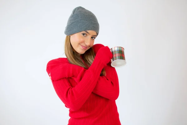 Winter Girl Drinking Tea Wearing Warm Winter Clothing — Stock Photo, Image