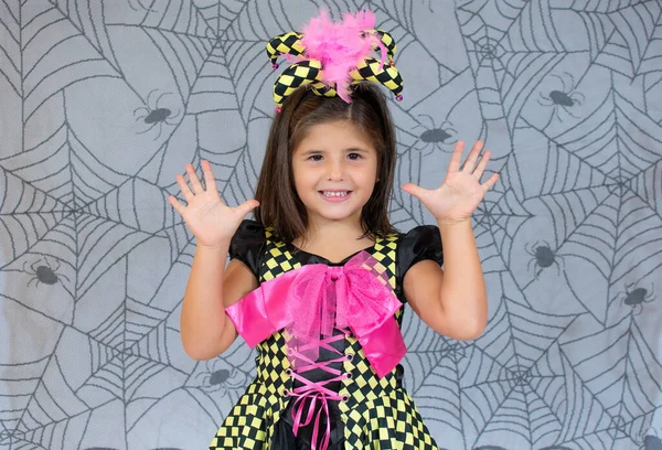 Lovely Little Clown Girl Spiderweb Fundo — Fotografia de Stock