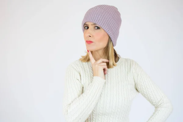 Image Thoughtful Pensive Cute Young Woman Standing Isolated White Background — Stock Photo, Image