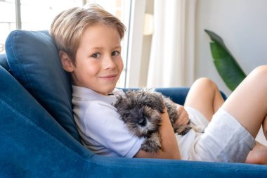 Sevimli gülümseyen sarışın çocuk Schnauzer köpeğini kucaklıyor ve evdeki sandalyede oturan kameraya bakıyor..
