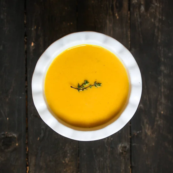 Тыквенный Суп Оранжевый Сладкий Картофель Здоровое Питание Принято Вид Сверху — стоковое фото