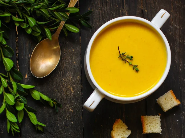 Pompoensoep Oranje Zoete Aardappelen Gezonde Voeding Kopieer Ruimte Bovenaanzicht — Stockfoto