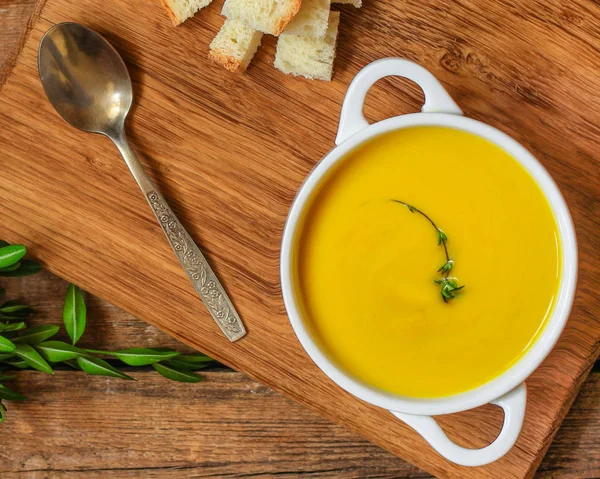 Pompoensoep Oranje Zoete Aardappelen Gezonde Voeding Kopieer Ruimte Bovenaanzicht — Stockfoto