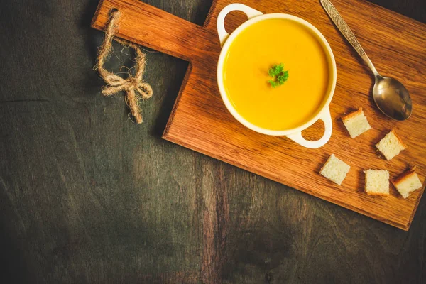 Pompoensoep Oranje Zoete Aardappelen Gezonde Voeding Kopieer Ruimte Bovenaanzicht — Stockfoto