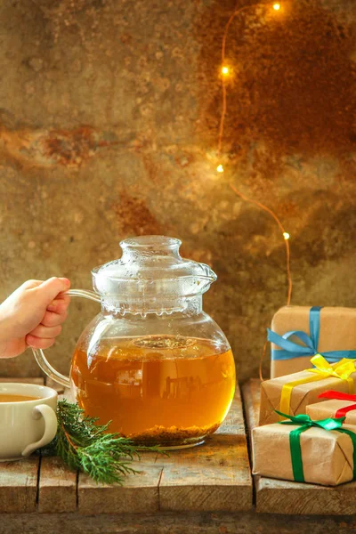 Green Tea Transparent Teapot Table Herbal Tea Brewed Top View — Stock Photo, Image