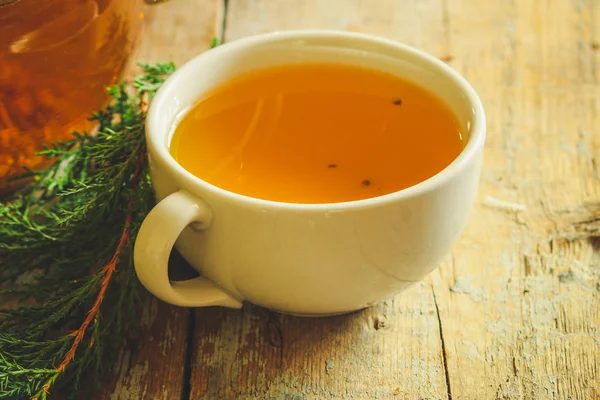 Groene Thee Een Transparante Theepot Tafel Kruiden Thee Wordt Gebrouwen — Stockfoto