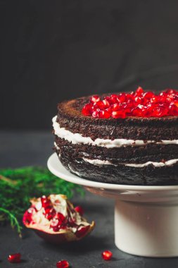 Çikolatalı kek nar ve biberiye (pasta çikolata kremalı). üstten görünüm.