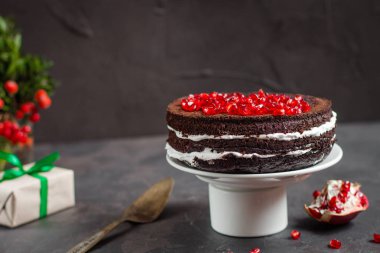 Çikolatalı kek nar ve biberiye (pasta çikolata kremalı). üstten görünüm.