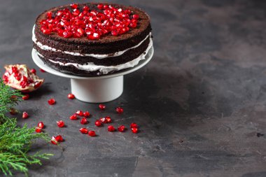 Çikolatalı kek nar ve biberiye (pasta çikolata kremalı). üstten görünüm.