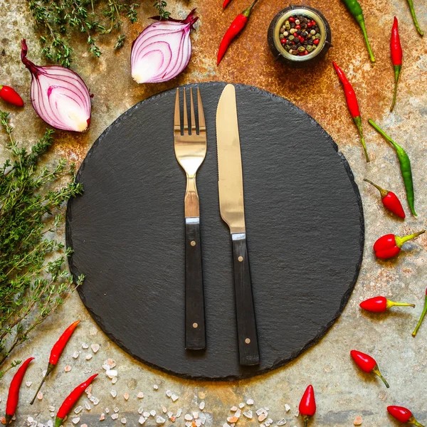 Set Cubiertos Vintage Rústico Para Comida Tenedor Cuchillo Copiar Espacio — Foto de Stock