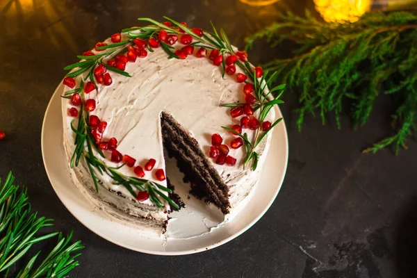 Chocolate Cake Pomegranate Nuts Rosemary Chocolate Cake Top View — Stock Photo, Image