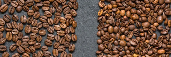 coffee beans (good and bad grain) - arabica and robusta blend (roasted coffee grain). Black background. Top view. Copy space.