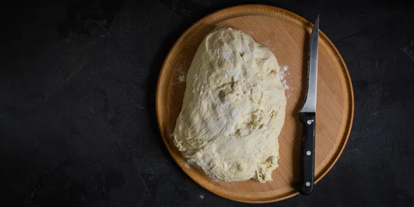 Пицца Тесто Приготовление Плоский Торт Процесс Приготовления Вид Сверху Пространством — стоковое фото
