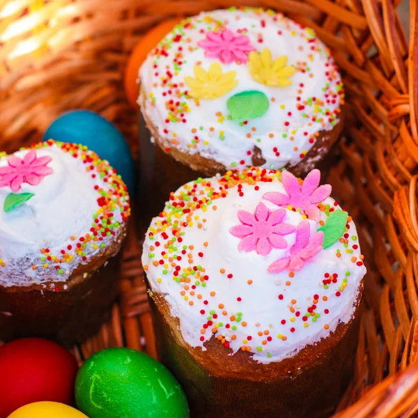 Easter cake and Easter of egg. food background