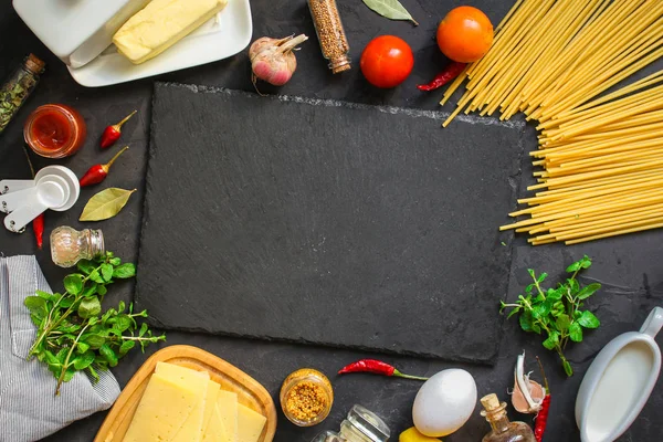 Pasta Long Spaghetti Bucatini Ingredients Pasta Sauce Set Ingredients Food — Stock Photo, Image