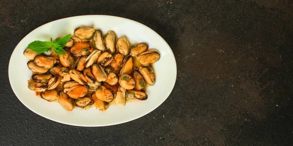 おいしい魚介類 の部分のムール貝 トップ食品の背景 コピースペース — ストック写真