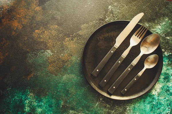Cutleryrustic, used for eating or serving (fork, knife, spoon - set). food background. copy space — Stock Image Cutleryrustic Used Eating Serving Fork Knife Spoon Set Food Background Royalty Free Stock Images