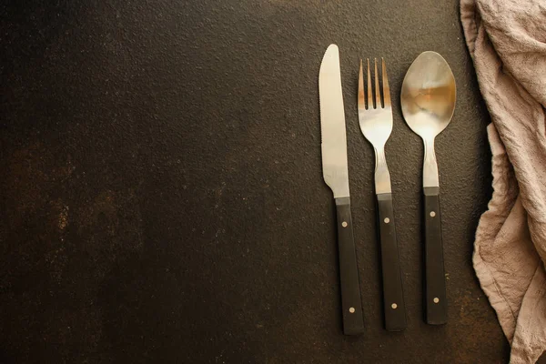 Cutleryrustic, used for eating or serving (fork, knife, spoon - set). food background. copy space — Stock Image Cutleryrustic Used Eating Serving Fork Knife Spoon Set Food Background Stock Photo