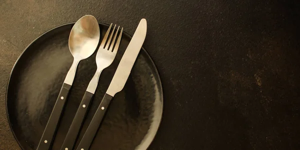 Cutleryrustic, used for eating or serving (fork, knife, spoon - set). food background. copy space — Stock Image Cutleryrustic Used Eating Serving Fork Knife Spoon Set Food Background Stock Photo