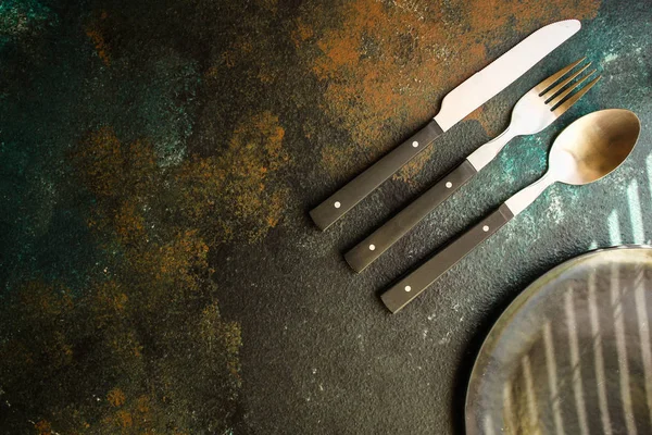 Cutleryrustic, used for eating or serving (fork, knife, spoon - set). food background. copy space — Stock Image Cutleryrustic Used Eating Serving Fork Knife Spoon Set Food Background Stock Picture