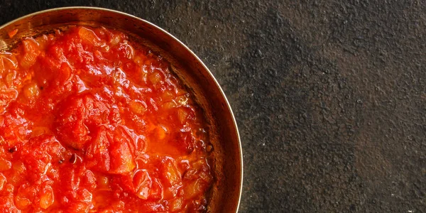 Tomatensaus Vel Tomaten Rode Rijpe Vruchten Gehakt Concept Voedsel Achtergrond — Stockfoto