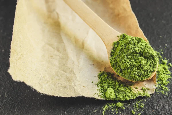 matcha - green tea powder, food supplement, menu concept. food background. copy space