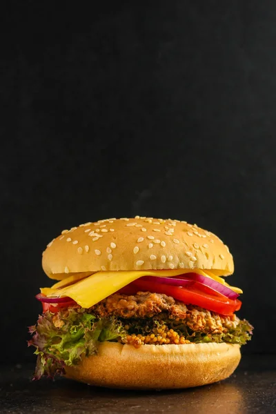 burger (roll, cutlets, cheese, lettuce, tomato, onion, sauce and more) menu concept. food background. copy space. Top view