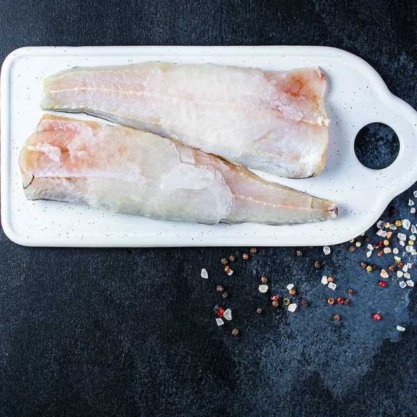 Pescado Crudo Congelado Filete Merluza Hielo Menú Concepto Alimentación Saludable — Foto de Stock