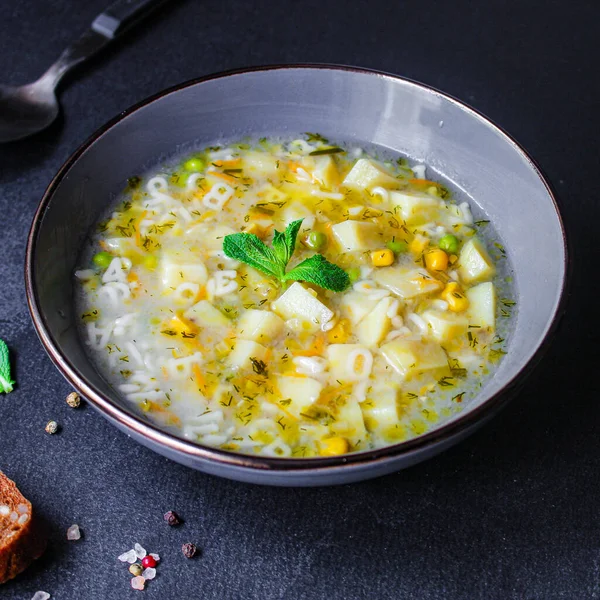 Soepgroenten Pasta Alfabet Erwten Maïs Menu Concept Gezond Eten Voedsel — Stockfoto