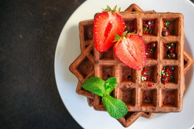 Kare wafflessweet tatlılar menüsü konsepti servis büyüklüğünde. metin için yiyecek arkaplan üst görünümü kopyalama alanı