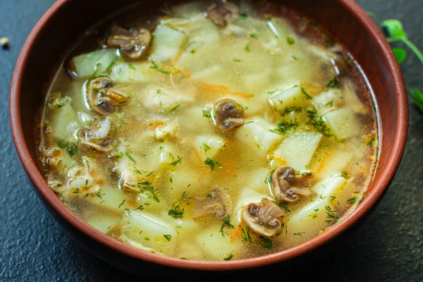Soup mushrooms and vegetables Menu concept serving size. food background top view copy space for text keto or paleo diet organic healthy eating — Stock Image Soup Mushrooms Vegetables Menu Concept Serving Size Food Background Top Royalty Free Stock Photos